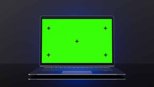Metallic Laptop Mock-Up and blue light placed on black background. Green screen and Animation, 3D Render.