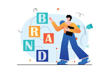 Brand concept with people scene in the flat cartoon design. Designer creates a new logo for a client's company. Vector illustration.