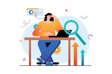 Searching business ideas concept with people scene in the flat cartoon style. Employee searches for business ideas on the Internet, analyzing experience of other businessmen. Vector illustration.