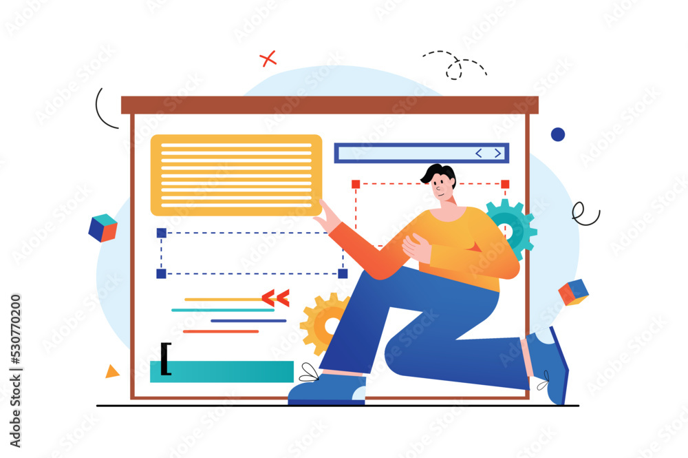 Poster web design concept with people scene in the flat cartoon design. man develops the design of one of t