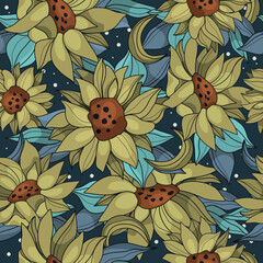 Seamless pattern of sunflowers. Autumn, botanical print. Vector illustration. Linear drawing, Abstraction. A magical pattern.