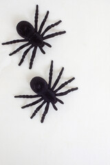 Halloween décor minimalist flat lay with copy space. Spiders and skeletons in black
