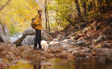 Obraz premium Travel and road trip concept at autumn. Adventure and active lifestyle in nature. Tourist hiking in forest. Caucasian man in yellow jacket walks in woods.