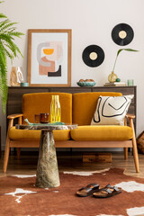 Vintage retro composition of living room interior with mock up poster frame, yellow velur sofa,...