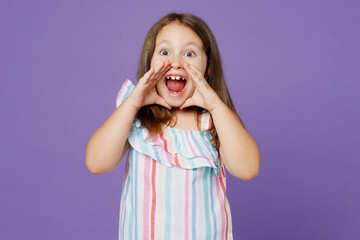 Little kid child girl 5-6 years old wears striped dress scream hot news about sales with hands near mouth isolated on plain pastel light purple background. Mother's Day love family lifestyle concept.