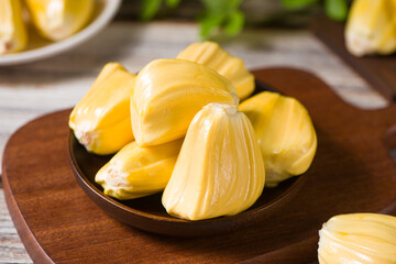 fresh ripe jackfruit peeled tropical fruit on table