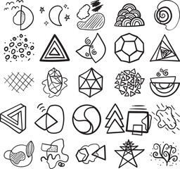 Abstract Hand Drawn Doodle Line Art Outline Set Containing abstract, art, drawing, outline, shape, geometric, graphic, triangle, circle, semi-circle, square, rectangle, parallelogram, rhombus