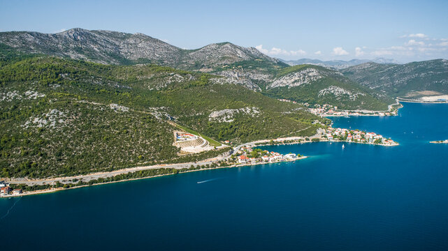 Aerial view of Klek, a small town along the coastline in Croatia.