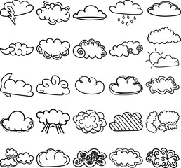 Clouds Hand Drawn Doodle Line Art Outline Set Containing cloud, clouds, fog, mist, puff, smog, smoke, steam, vapor, veil, billow, dimness, film, fogginess, frost, haze, haziness, murk, nebula