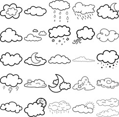 Cloudy Hand Drawn Doodle Line Art Outline Set Containing cloud, clouds, fog, mist, puff, smog, smoke, steam, vapor, veil, billow, dimness, film, fogginess, frost, haze, haziness, murk, nebula, obscuri