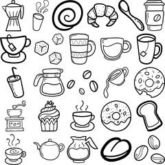 Coffee Hand Drawn Doodle Line Art Outline Set Containing caffeine, cappuccino, espresso, brew, decaf, decoction, demitasse, ink, java, mocha, mud, perk, sugar, donut, cup cake, spoon, bread