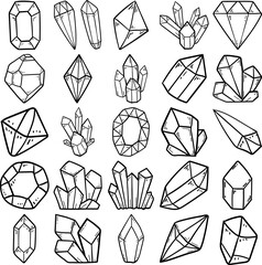 Crystal Hand Drawn Doodle Line Art Outline Set Containing crystal, gem, grain, gravel, metal, mineral, pebble, rock, boulder, crag, jewel, masonry, ore, stonework, clear-cut, limpid lucent, lucid