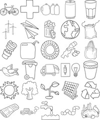 Earth Day Hand Drawn Doodle Line Art Outline Set Containing Earth, Water, Recycle, Plant, Recycle bin, Trash can, Newspaper, Plastic bottles, Glass, Can, Bicycle, Tree, Pollution, Trash truck, Litter