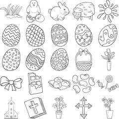 Easter Hand Drawn Doodle Line Art Outline Set Containing Easter eggs, Patterns, Candies, Chick, Bunny, Bow, Lamb, Sun, Tulips, Chocolate, Hot-cross buns, Basket, Jelly beans, Church, Cross, Grass