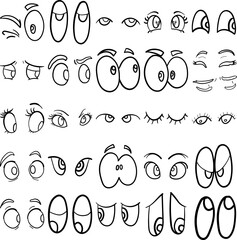 Eyes Hand Drawn Doodle Line Art Outline Set Containing Eyes, Optic, Eyes expression, Eyes body language, Looking up, Looking down, Looking sideways, Gazing, Glancing, Eye contact, Staring, Following