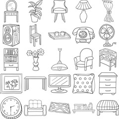 Living Room Hand Drawn Doodle Line Art Outline Set Containing Armchair, Sofa, Bookcase, Carpet, Chair, Chest of drawers, Clock, Coffee table, Curtain, Light, Mirror, Picture, Plant, Shelf, Speaker