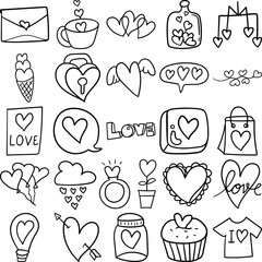 Love Hand Drawn Doodle Line Art Outline Set Containing Love, Valentine, Card, Envelope, Heart, Hearts, Lovesick, Lock, Ice cream, Ring, Arrow, Cupcake, Bottle, Balloons, Bulb, Cup, Cloud, Rain, Wings