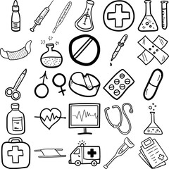 Medicine Hand Drawn Doodle Line Art Outline Set Containing Medicine, syringe, thermometer, pills, tablet, capsule, stretcher ambulance, face mask, medical monitor, crutch, band-aid, first aid kit