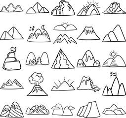 Mountains Hand Drawn Doodle Line Art Outline Set Containing mountain, mountains, bluff, cliff, peak, pile, ridge, sierra, volcano, alp, bank, butte, crag, dome, drift, glob, heap, height, hump, mass