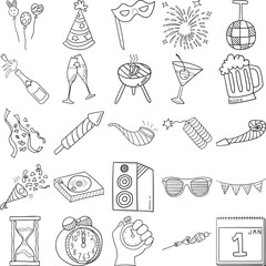 New Year Hand Drawn Doodle Line Art Outline Set Containing Fireworks, Countdown, Party hat, Firecracker, Champagne, Confetti, Balloons, Hourglass, Mask, Party flags, Noisemaker, Rocket, Calendar