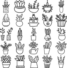 Plant Pots Hand Drawn Doodle Line Art Outline Set Containing plant pot, plant pots, flower pot, container, jar, pot, urn, flower holder, vase, carafe, sprout