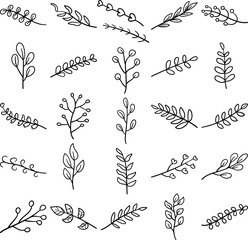 Plants Hand Drawn Doodle Line Art Outline Set Containing flower, grass, herb, seedling, shrub, tree, vine, weed, annual, biennial, bush, creeper, cutting, greenery, perennial, shoot, slip, sprout