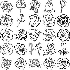 Roses Hand Drawn Doodle Line Art Outline Set Containing Rose, roses, rosebud, bloom, blossom, bud, floret, flower