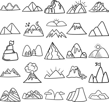 Mountains Hand Drawn Doodle Line Art Outline Set Containing mountain, mountains, bluff, cliff, peak, pile, ridge, sierra, volcano, alp, bank, butte, crag, dome, drift, glob, heap, height, hump, mass