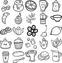 Tea Time Hand Drawn Doodle Line Art Outline Set Containing Tea Time, sugar cubes, honey, kettle, lemon, cup, teapot, mug, orange, croissant, tea leaves, tea bag, muffin, cupcake, cookies, bread