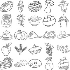 Thanksgiving Hand Drawn Doodle Line Art Outline Set Containing Mayflower, Corn, Pumpkin pie, Pumpkin, Wheat, Gravy, Apple pie, Headpiece, Turkey, Football, Bread, Pilgrim hat, Pudding, Grape, Rose app