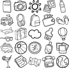 Travel Hand Drawn Doodle Line Art Outline Set Containing Travel, passport, sunglasses, sun, pictures, plastic bottle, bus, headphone, backpack, map, wallet, flip flop, airplane, baggage, suitcase