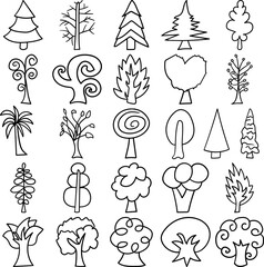 Trees Hand Drawn Doodle Line Art Outline Set Containing trees, tree, plant, wood, arbor, woods, arbour, flora, forest, sapling, seedling, shrub, timber, pulp, stock, topiary