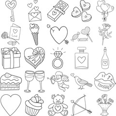 Valentine Hand Drawn Doodle Line Art Outline Set Containing Card, Envelope, Perfume, Kiss, Bird, Rose, Chocolate, Bouquet, Cupid, Lovesick, Key, Ice cream, Ring, Arrow, Cookies, Cupcake, Cake, Gift