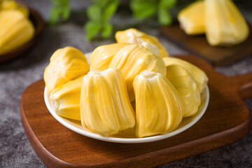 fresh ripe jackfruit peeled tropical fruit on table
