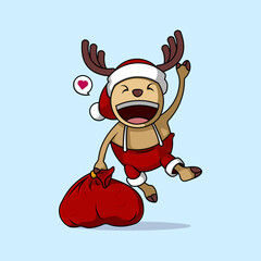 Cute Deer Distributing Christmas Gifts With Cheerful Icons Vector Cartoon Illustration. Christmas and New Year Holiday Icons Premium Concept Isolated Vector.