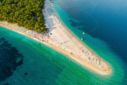 Aerial view of Golden Horn beach on Zlatni Rat in Bol on the island of Brac, Croatia.