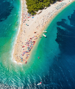 Aerial view of windsurfers during the PWA world cup on beach on Zlatni Rat in Bol on the island of Brac, Croatia.
