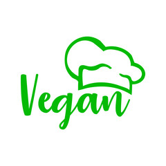 Concepto dieta vegana verde. Logo lineal con texto manuscrito Vegan con silueta de sombrero de chef