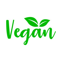 Concepto dieta vegana verde. Logo con texto manuscrito Vegan con silueta de hojas de planta