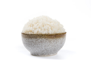 Hot cooked rice in a bowl isolated on white background.