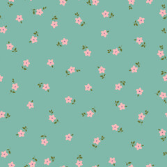 Simple vintage pattern. small pink  flowers.  green leaves . green   background. Fashionable print for textiles and wallpaper.