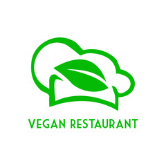 Concepto dieta vegana verde. Logo lineal con texto Vegan Restaurant con silueta de sombrero de chef y hoja de planta © teracreonte