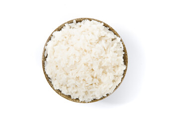 Hot cooked rice in a bowl isolated on white background.top view