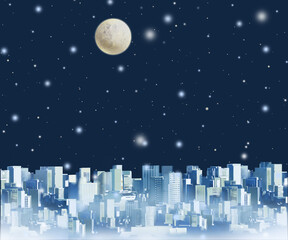 夜に浮かぶ月と東京のビルディングが並ぶ都会の夜景風景ー雪の降る幻想的な美しいイラスト壁紙素材