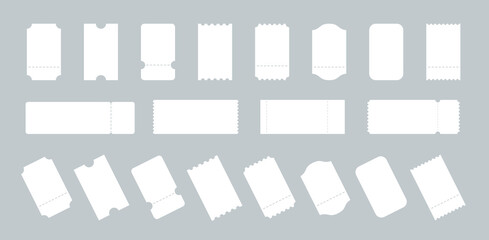 Blank tickets set. Empty ticket template. White blank ticket mockup. Concert movie theater and boarding blank white tickets, lottery coupons with ruffle edges. Blank Template Tickets