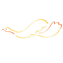 flying bird with a long tail, yellow and orange outline on a white background