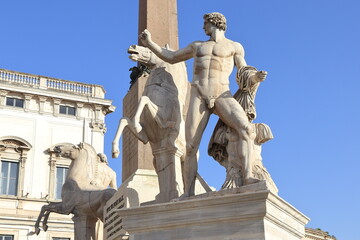 Quirinale Square Dioscuri Fountain Close Up with Statues in Rome, Italy
