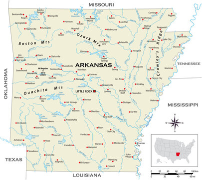 Highly detailed physical map of the US state of Arkansas
