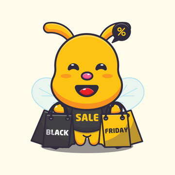 Cute bee in black friday cartoon mascot illustration
