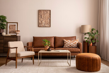 Warm and cozy interior of living room space with brown sofa, pouf, beige carpet, lamp, mock up...